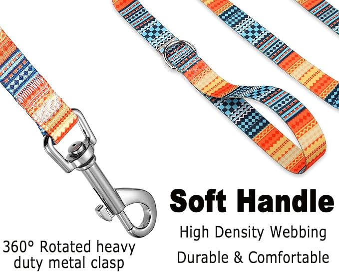 Mihqy Dog Collar and Leash Set with Bohemia Floral Tribal Geometric Patterns - Soft Ethnic Style Collar Adjustable for Small Medium Large Dogs(Bohemian Orange Set,XS)