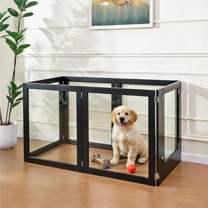 Heavy Duty Clear Acrylic Dog Playpen, 32" Height Transparent Pet Pen, Metal Frame Easy Assemble Kennel Enclosure, Ideal for Small to Medium Dogs, Cats, and Other Small Pets (Black, 6 Panels with door)