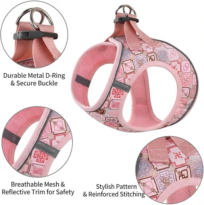 Mihqy Step in Dog Harness and Leash Set, Reflective Adjustable No Pull Dog Harness for Extra-Small/Small Dogs Puppy and Cats, Soft Padded Mesh Vest Harnesses for Girl and Boy Pets(Pink Grid,S)