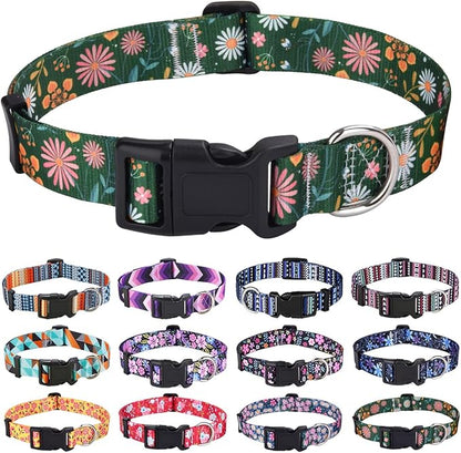 Mihqy Dog Collar with Bohemia Floral Tribal Geometric Patterns - Soft Ethnic Style Collar Adjustable for Small Medium Large Dogs(Dark Green Flower,L)
