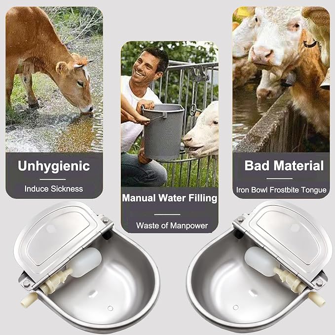 Automatic Animal Water Bowl with Float Valve, 304 Stainless Steel Livestock Water Dispenser for Dog Horse Goat Pig Cow Livestock Water Bowl Kit Includes Bowl, Pipe, 2 Valves, Quick Connector Adapter