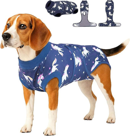 PetWarm Surgery Suit for Dogs, Onesie for Dogs After Surgery, Protective Dog Onesie After Spay or Neuter, Recovery Suit for Comfort, Full Coverage Dog Pajama, Unicorn Pattern, Blue, S