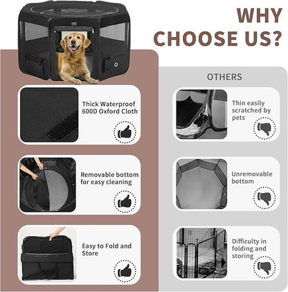 DONORO Dog Playpen Portable Pet Play Pens for Small Dog/Cat/Rabbit/Chicks, Cat Playpen Indoor/Outdoor with Carring Case, Removable Zipper Top and Bottom (Black, Extra Large (55"x55"x30"), 8)