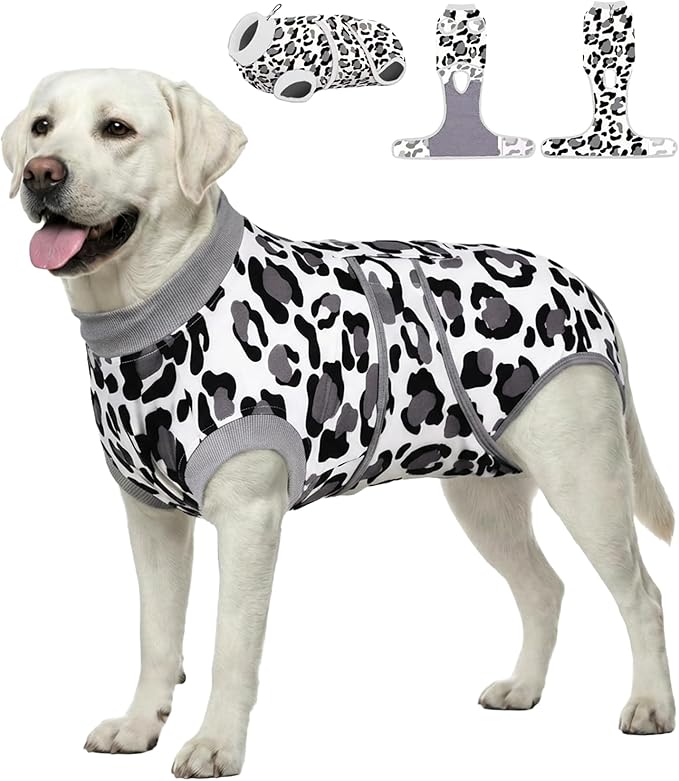 PetWarm Dog Onesie for Surgery Female, Dog Cone Alternative After Surgery, Covers Wounds, Prevents Licking, Fashionable and Protective, Lightweight and Breathable, Leopard Pattern, White, 2XL