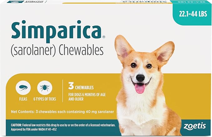 Simparica (sarolaner) Chewables for Dogs, 40 mg/tab, 22.1-44 lbs (Blue), 3 Tablets