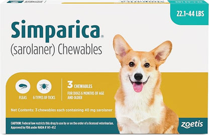 Simparica (sarolaner) Chewables for Dogs, 40 mg/tab, 22.1-44 lbs (Blue), 3 Tablets