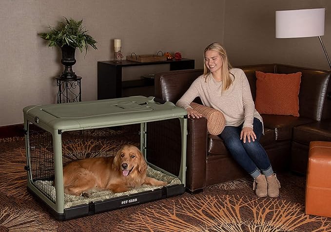 Pet Gear “The Other Door” 4 Door Steel Crate for Dogs/Cats with Garage-Style Door, Includes Plush Bed + Travel Bag, No Tools Required, Sage, 42 Inch