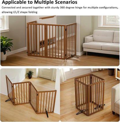 Dog Gate 32" Tall Foldable Dog Gate for Doorways Freestanding Pet Gate for Dogs Indoor (Walnut, 4 Panel)