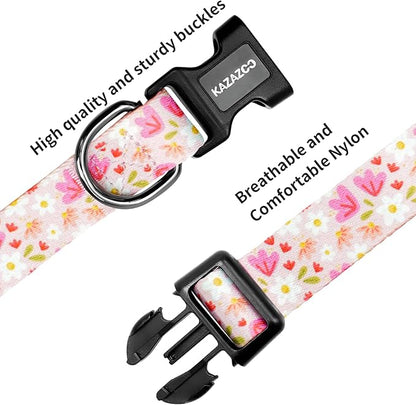 Kazazoo Dog Collar Cute and Soft Nylon Puppy Collar Girl, Adjustable Dog Collars for Small Medium Dogs, Pink Flowers-S