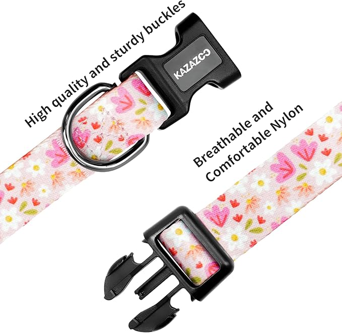 Kazazoo Dog Collar Cute and Soft Nylon Puppy Collar Girl, Adjustable Dog Collars for Medium Large Dogs, Pink Flowers-L