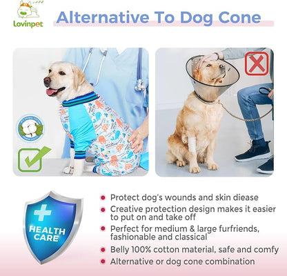 LovinPet Dog Recovery Suit - Medium Large - Dog Bodysuit for Abdominal Wound After Surgery Anti Licking Abdominal Wound Surgical Clothes Post-Operative Vest E-Collar Alternative,Whale,Blue,M