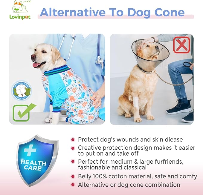 LovinPet Dog Recovery Suit - Medium Large - Dog Bodysuit for Abdominal Wound After Surgery Anti Licking Abdominal Wound Surgical Clothes Post-Operative Vest E-Collar Alternative,Whale,Blue,XXL