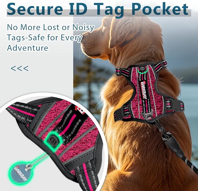 BARKBAY Dog Harness No Pull with ID Tag Pocket - Heavy Duty, Reflective, Easy Control for Large Dogs(Pink/Black,M)