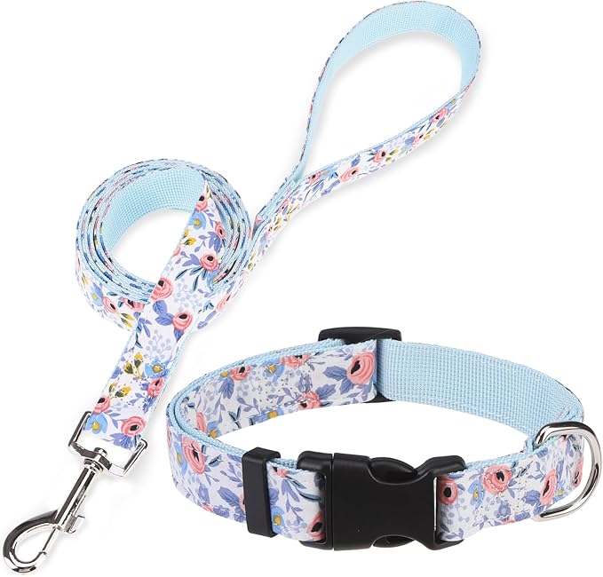 Dog Collar and Leash Set for Medium Dogs, Adjustable Soft Puppy Collar with Quick Release Buckle, 5FT Heavy Duty Nylon Matching Leash for Boy Girl Chihuahua, Yorki, Bulldog, Blue M