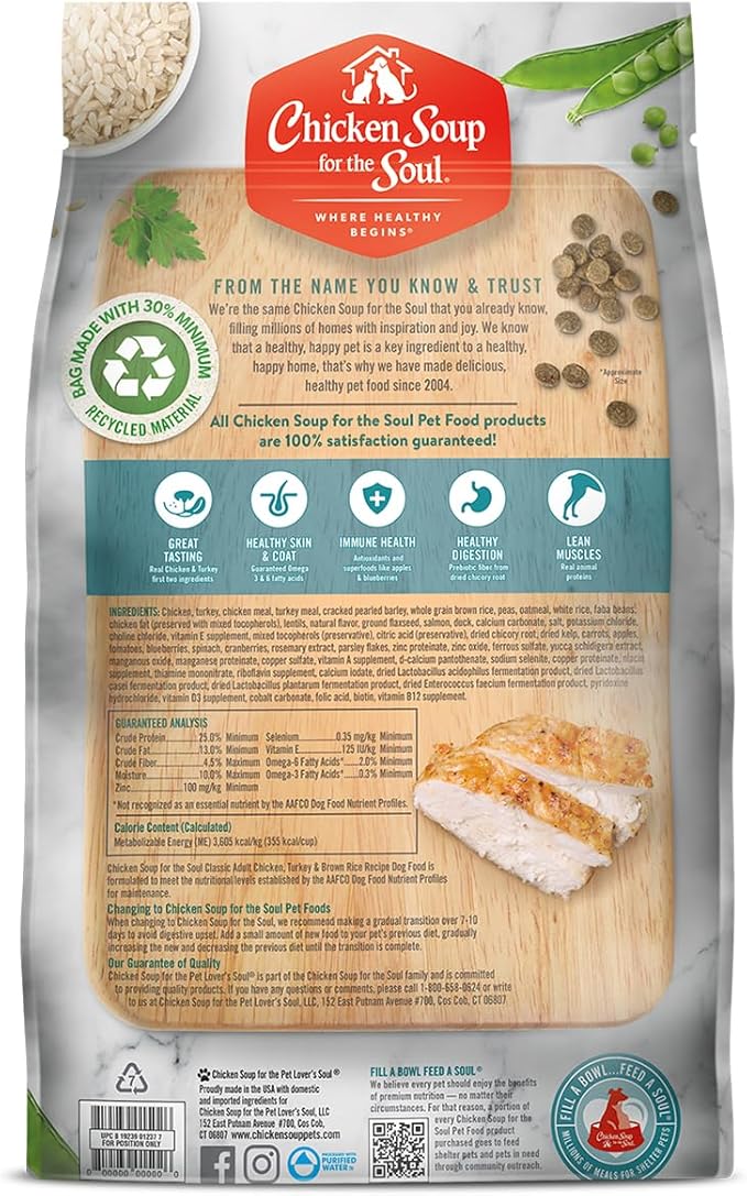 Chicken Soup for The Soul All Natural Premium Adult Dry Dog Food, Real Meat First Ingredient, No by-Products, Supports Gut & Immune Health, Chicken, Turkey & Brown Rice, 40lb