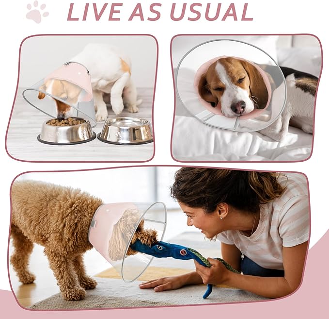 Dog Cone Collar with Snap-on Detachable Soft Liner, Lightweight Transparent Elizabethan Alternative to Stop Licking, for Spay Neuter Surgery Recovery, for Medium Large Small Dogs (Pink,S)