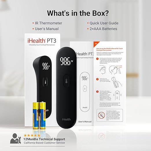 iHealth No-Touch Digital Forehead Thermometer for Adults, Babies, Kids, 3 Ultra-Sensitive Sensors, Quiet Vibration Feedback, Large LED Digits, Easy to Use for Home, PT3 Black