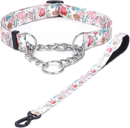 Martingale Dog Collar and Leash Set, Stainless Steel Chain, No Pull Training Collar with Flower Design, for Small, Medium, Large Dogs (NO26, S)