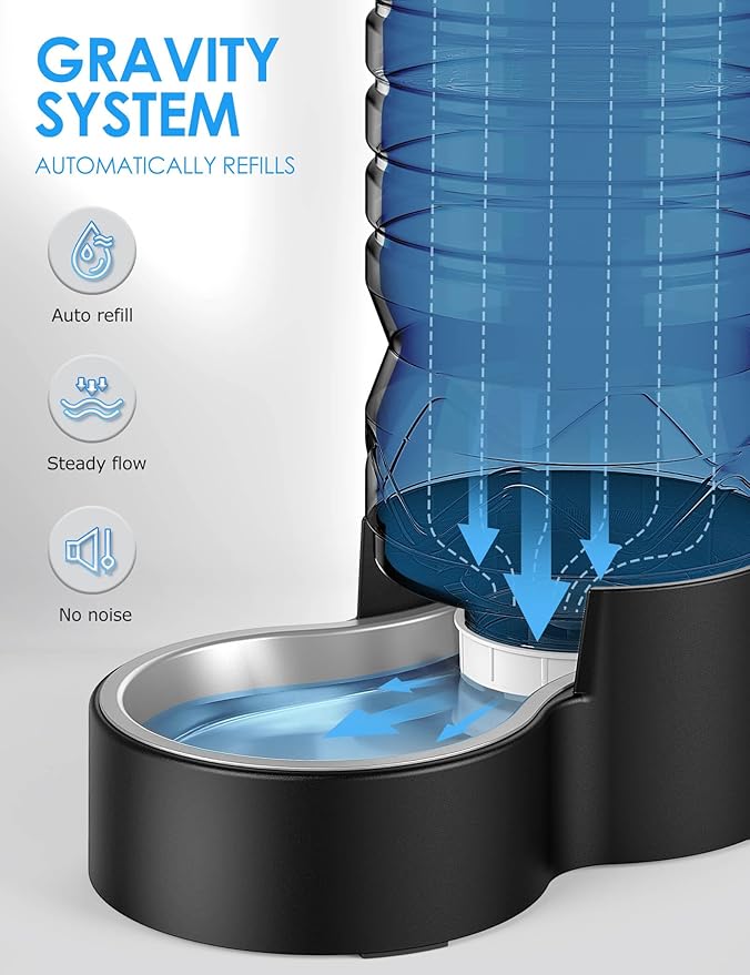 Heouvo 2.1 Gallon Automatic Dog Water Dispenser【Wide Mouth for Easy Hand-in Cleaning】【Removable Stainless Steel Bowl】, Gravity Refilling Large Capacity for Cats and Dogs, Multi-Pet Homes