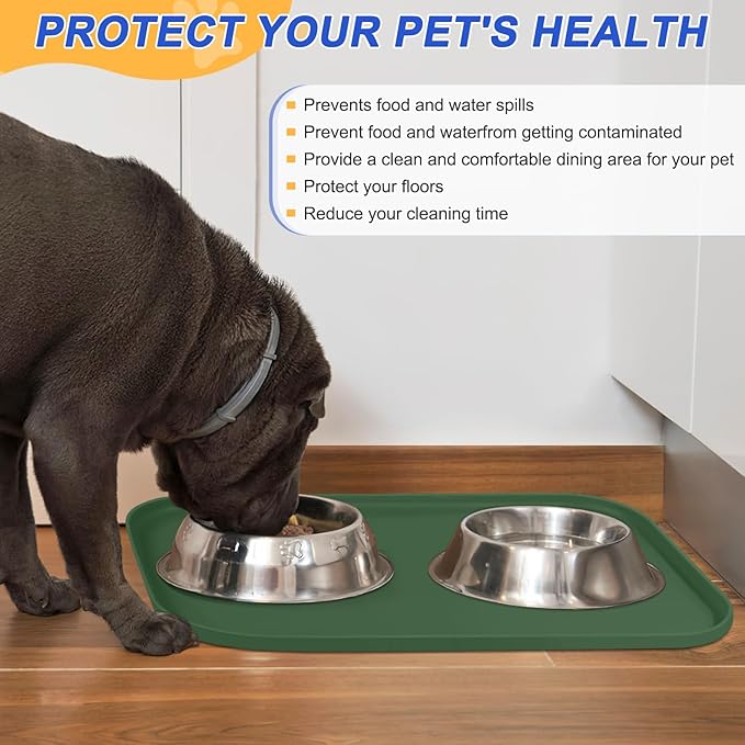 SMILOOL Silicone Pet Feeding Mat with Raised Edge for Food and Water, Dog Bowl Mats, Cat Bowls Placemat with High Lip for Floor Waterproof, Rubber Tray for Cats and Dogs 24 x 16 x0.8 Dark Olive