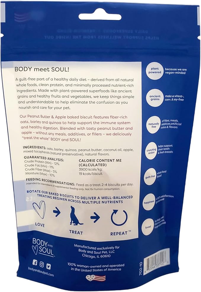 Body and Soul Peanut Butter + Apple Crunchy Premium Training Dog Treat Superfood Oven Baked Biscuits Oats Barley & Quinoa, Clean Natural Plant Protein, No Additives No Fillers Made in USA 2Pk (20oz)