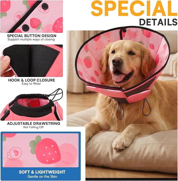 Queenmore Dog Cones for Medium Dogs, Dog Cone Collar After Surgery, Soft Cone for Dogs Wound Care, Spay, Neuter, Breathable Pet Surgery Collars & Cones, Strawberry M