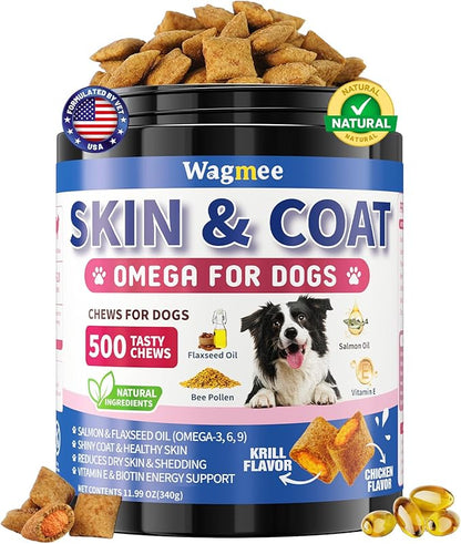 Omega 3 for Dogs, 500 Chews Skin & Coat Supplement for Dog, Salmon Flaxseed Fish Oil for Dogs, Dry & Itchy Skin Relief, Allergy Support Anti Shedding - Vitamin E- EPA & DHA - Chicken Krill Flavor