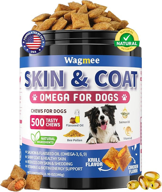 Omega 3 for Dogs, 500 Chews Skin & Coat Supplement for Dog, Salmon Flaxseed Fish Oil for Dogs, Dry & Itchy Skin Relief, Allergy Support Anti Shedding - Vitamin E- EPA & DHA - Chicken Krill Flavor