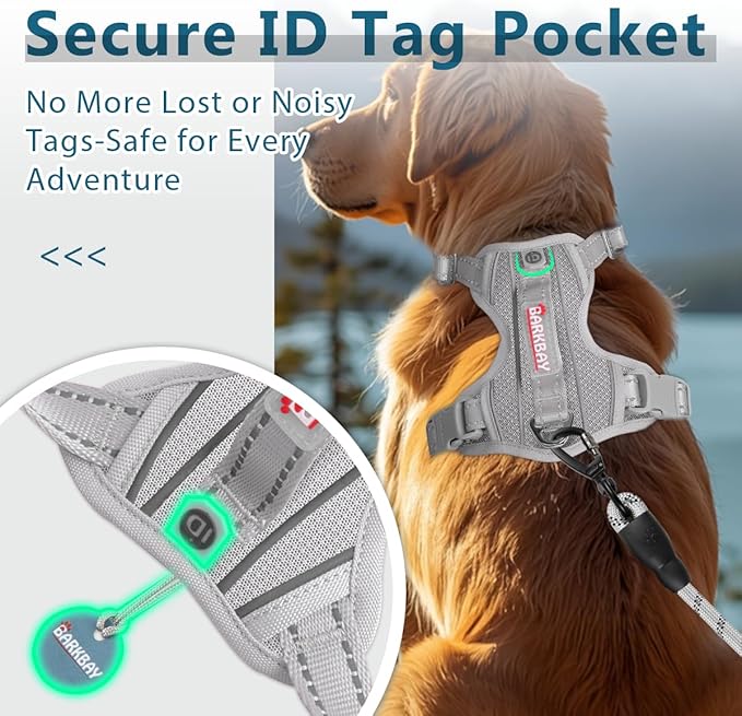 BARKBAY Dog Harness No Pull with ID Tag Pocket - Heavy Duty, Reflective, Easy Control for Large Dogs(Grey,M)