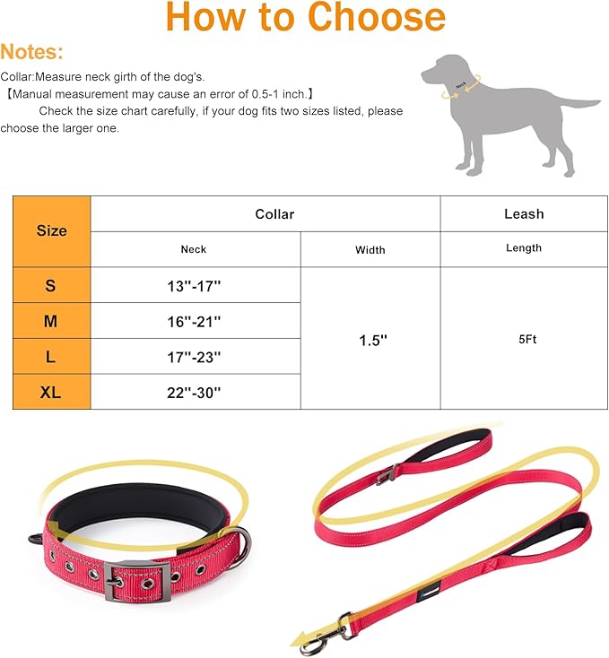 Annchwool Adjustable Dog Collar and 5FT Leash Set with Heavy Duty Metal Buckle–Comfortable Lining Reflective Collar & Dual-Handles for Small,Medium Large Dogs Walking,Running(Red Set,S:13''-17'')