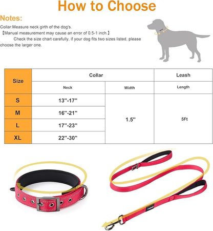 Annchwool Adjustable Dog Collar and 5FT Leash Set with Heavy Duty Metal Buckle–Comfortable Lining Reflective Collar & Dual-Handles for Small Medium Large Dogs Walking,Running,(Red Set,L:17''-23'')