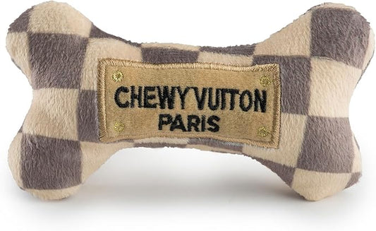 Haute Diggity Dog Chewy Vuiton Bone Plush Squeaky Dog Toy, Soft Durable Designer-Inspired Stuffed Puppy Chew Toys for Small & Medium Dogs, Machine-Washable (Tan Checker) Small