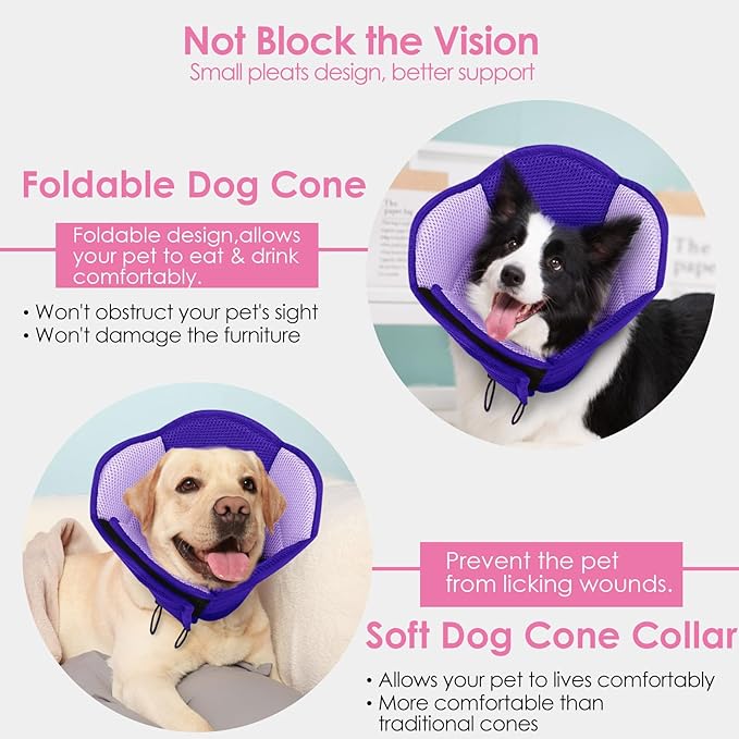 AOFITEE Dog Cone - Soft Cones Dog After Surgery, Comfy Cones for Dogs to Stop Licking, Adjustable Small Dogs Cone Collar for Wound Healing, Elizabethan Pet E-Collar, Purple Small