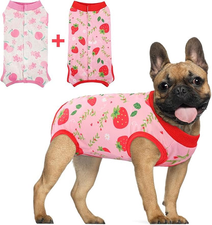 SAWMONG 2 Pack Recovery Suit for Dogs After Surgery, Dog Recovery Suit Soft Polyester, Pet Spay Surgical Suit Female Male, Dog Onesie Body Suit Substitute E-Collar Cone(Strawberry+ Peach,L)