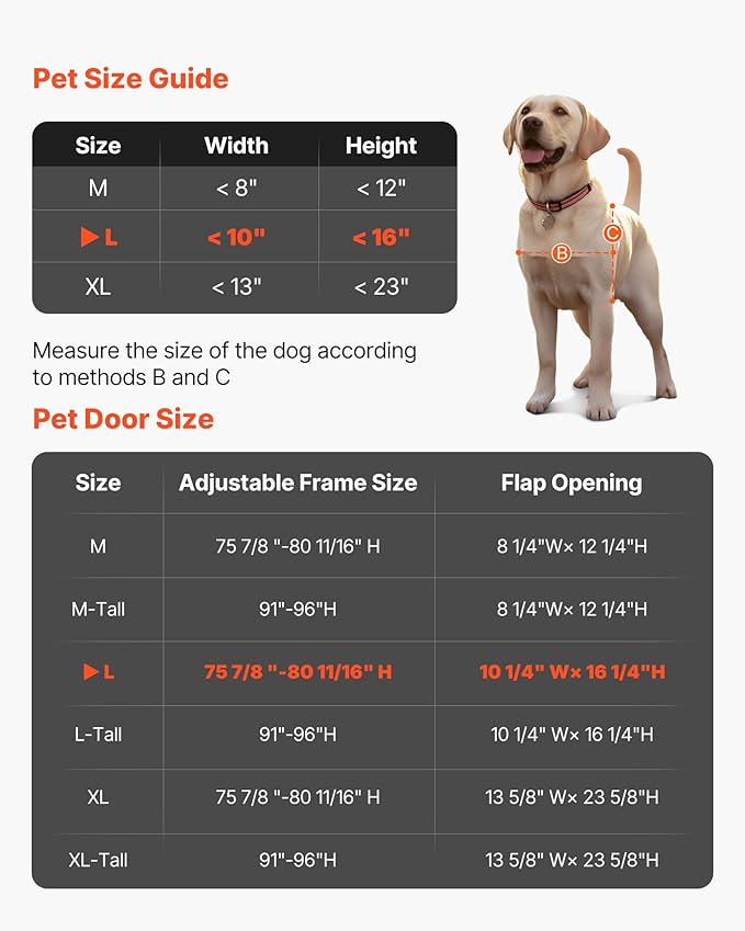 VEVOR Dog Door for Sliding Glass Door, 91 to 96 in Adjustable Height, Aluminum Alloy Frame with Metal Rotating Hinges, Lock Design, 10 1/4 x 16 1/4 in Flap, Sliding Glass Pet Door for Renters