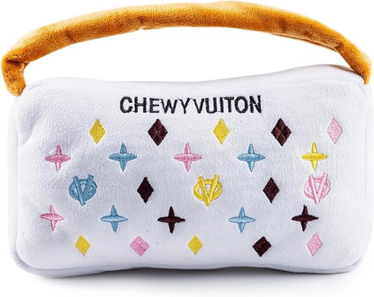 Haute Diggity Dog Chewy Vuiton Handbag Plush Squeaky Dog Toy, Soft Durable Designer-Inspired Stuffed Puppy Chew Toys for Small, Medium & Large Dogs, Machine-Washable (White) XL