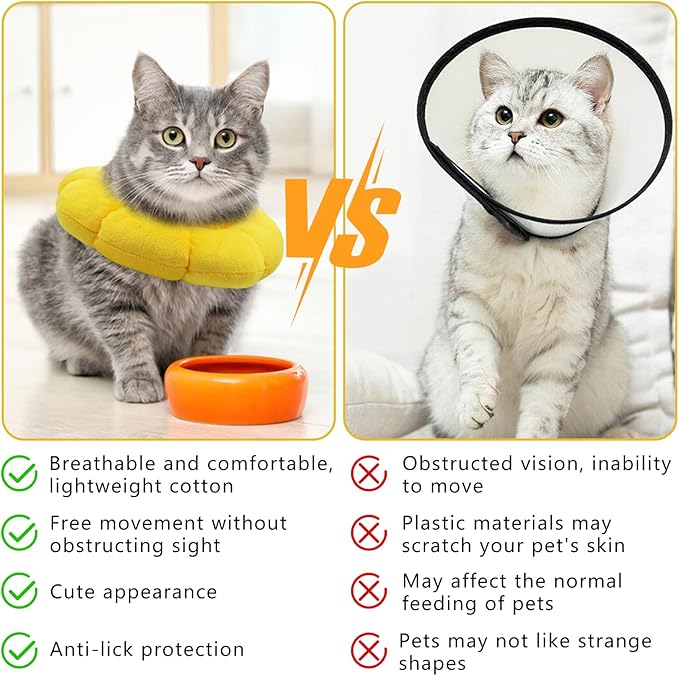 Sunflower Cat Recovery Cone, Adjustable Pet Elizabethan Collar for Cats &Puppy, Soft Cone for Cats After Surgery to Stop Licking, Cat Neck Pillow for Sleeping, Easy to Clean (Yellow, L)