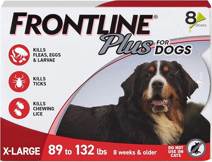 FRONTLINE Plus Flea and Tick Treatment for X-Large Dogs Up to 89 to 132 lbs. 8 Treatments