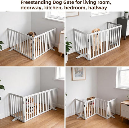 ZJSF Freestanding Indoor Dog Gate for House Foldable Wood White Puppy Gate for Doorways Pet Gate for Stairs Extra Wide Pet Fence 32" Height 4 Panels
