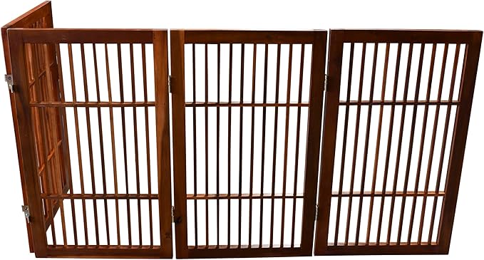 Urnporium Pet Dog Gate Freestanding, Strong Durable Folding Wooden Fence, Portable Acacia Hardwood Safety Barrier for Indoor & Outdoor Use (Brown Pet Gate, 4 Panel 30" Tall)