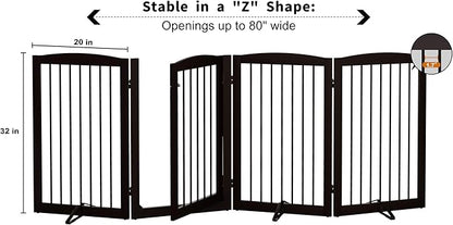 PUPETPO Freestanding Dog Gates with Door Walk Through, 80 inch Wide Gates Indoor, Dog Fences Indoor, Support Feet Included, 4 Panels, 32" Tall, Dark Brown