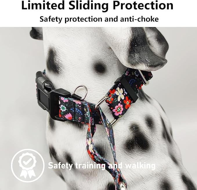 Martingale Dog Collar with Buckle Adjustable Nylon Limited Slip No Pull Training Floral Dog Collars (Black Pink Red, XLarge)