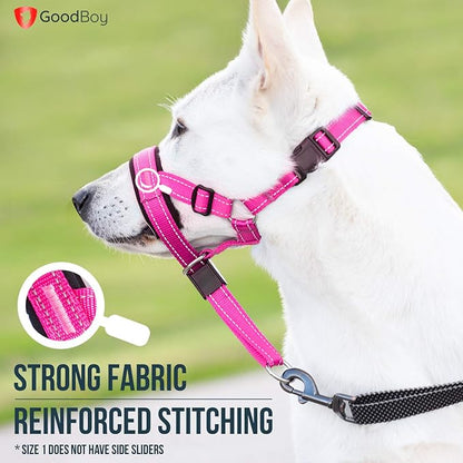 GoodBoy Dog Head Halter with Safety Strap - Stops Heavy Pulling On The Leash - Padded Headcollar for Small Medium and Large Dog Sizes - Head Collar Training Guide Included (Size 1, Pink Nylon)