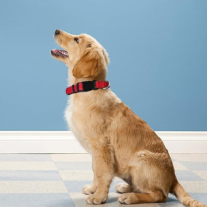 Reflective Dog Collar, Adjustable Soft Neoprene Padded Nylon Pet Collars with Buckle for Large Dogs, Red,L