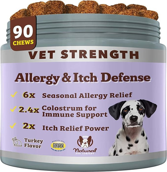 Natural Dog Company Allergy & Itchy Defense Chews 90 ct, Vet Strength High-Concentration Dog Allergy Relief with 2.4X Colostrum,2X Salmon Oil & 1.5X Probiotics, Supports Immune,Coat & Gut Health