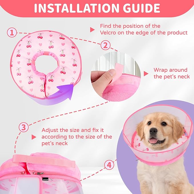 Inflatable Recovery Dog Cone Collar for Large Medium Dogs After Surgery, Soft Dog Donut Collar Adjustable Recovery Bone for Pets, Prevent from Biting & Scratching（Pink M）