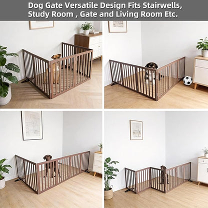 Dog Gate Indoor, Freestanding Dog Fence for The House, Doorways, Hallways,or Stairs,Pet Gate Foldable Wooden,Expandable 32" Height 6 Panels,Brown