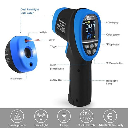 HOLDPEAK IR Thermometer with Color LCD Display -58℉~3272℉ D:S=50:1 Non-Contact Thermometer Gun, Nine Laser Pointer Adjustable Emissivity for Cooking, Grill, Industrial