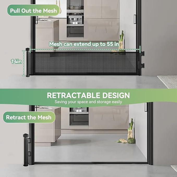 14" Tall Short Dog Gate to Step Over, Retractable Mesh Pet Door for Small Puppy, Extended up to 55" Wide for Indoor Stairs Doorways and Hallway - Black