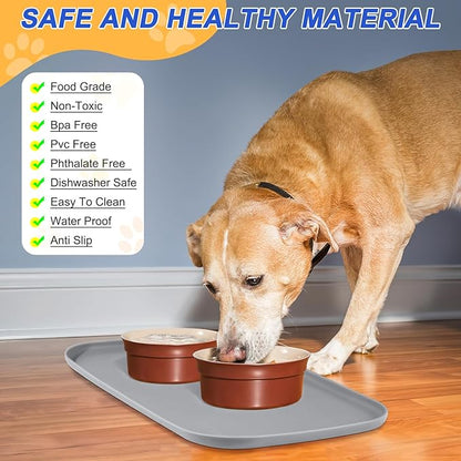 SMILOOL Silicone Pet Feeding Mat with Raised Edge for Food and Water, Dog Bowl Mats, Cat Bowls Placemat with High Lip for Floor Waterproof, Rubber Tray for Cats and Dogs 24 x 16 x0.8 Light Gray